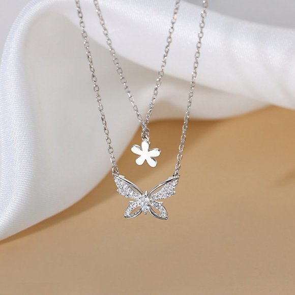 #NEW 925 Sterling Silver Diamond Butterfly Flower Double Layer Necklace - Picture 8 of 10